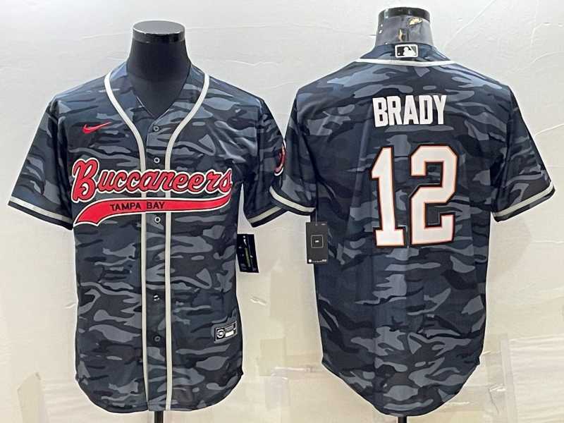 Mens Tampa Bay Buccaneers #12 Tom Brady Grey Camo With Patch Cool Base Stitched Baseball Jersey